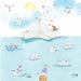 Illustration of a white paper boat with a bear on a blue sea background, surrounded by seagulls and other small boats.