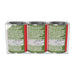 Three cans with green and red labels on a white background