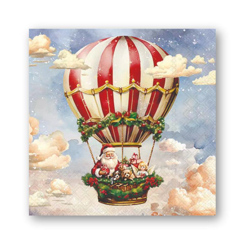Christmas-themed hot air balloon with Santa Claus and reindeer in a basket, surrounded by clouds.