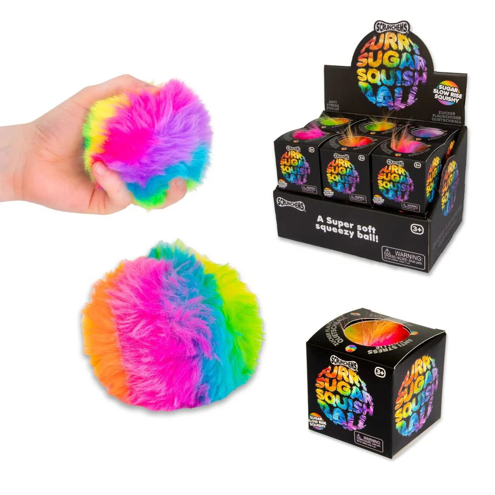 Rainbow plush squishy balls by Snxz, shown being squeezed by a hand, displayed on a surface, and inside a black retail display box and single box.