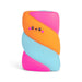 Colorful, block-like toy with a smiling face on a white background