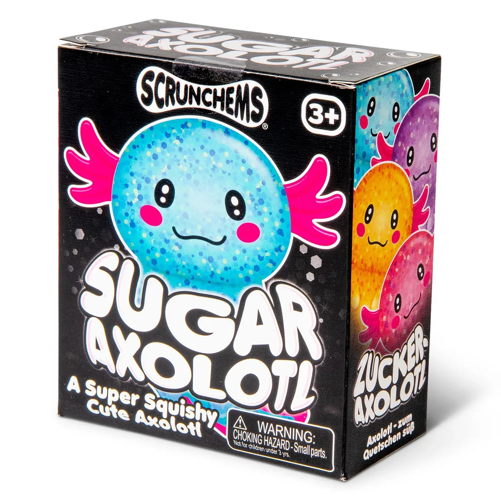 Scrunchems Sugar Axolotl toy packaging box, featuring a black background with a large blue glittery axolotl illustration, pink gills, and colorful axolotl faces on the side panels.