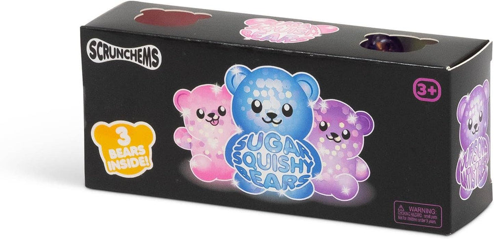 Scrunchems Sugar Squishy Bears toy packaging box, featuring a black box with illustrations of three sparkly bears in pink, blue, and purple, along with a yellow '3 BEARS INSIDE!' badge and a pink '3+' age rating.
