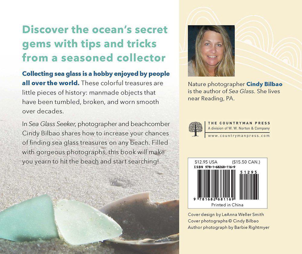 Bookback of 'Sea Glass Seeker' by Cindy Bilbao with text and a photo of the author.