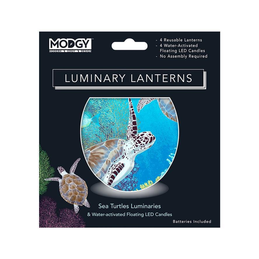 Packaging of Modgy Luminary Lanterns with sea turtle design on a black background