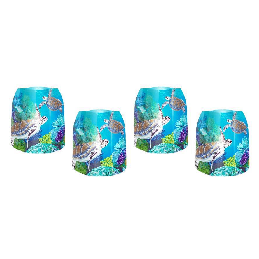 four cylindrical containers with turtle design on a white background