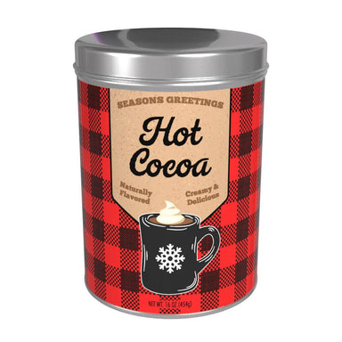 Hot cocoa canister with red plaid design and silver lid on a white background