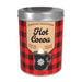 Hot cocoa canister with red plaid design and silver lid on a white background