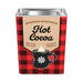 Hot cocoa tin with red plaid design and 'Seasons Greetings' text on a white background