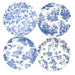 Set of four blue and white patterned melamine plates on a white background