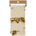 Beige towel with brown animal print hanging on a cardboard holder.