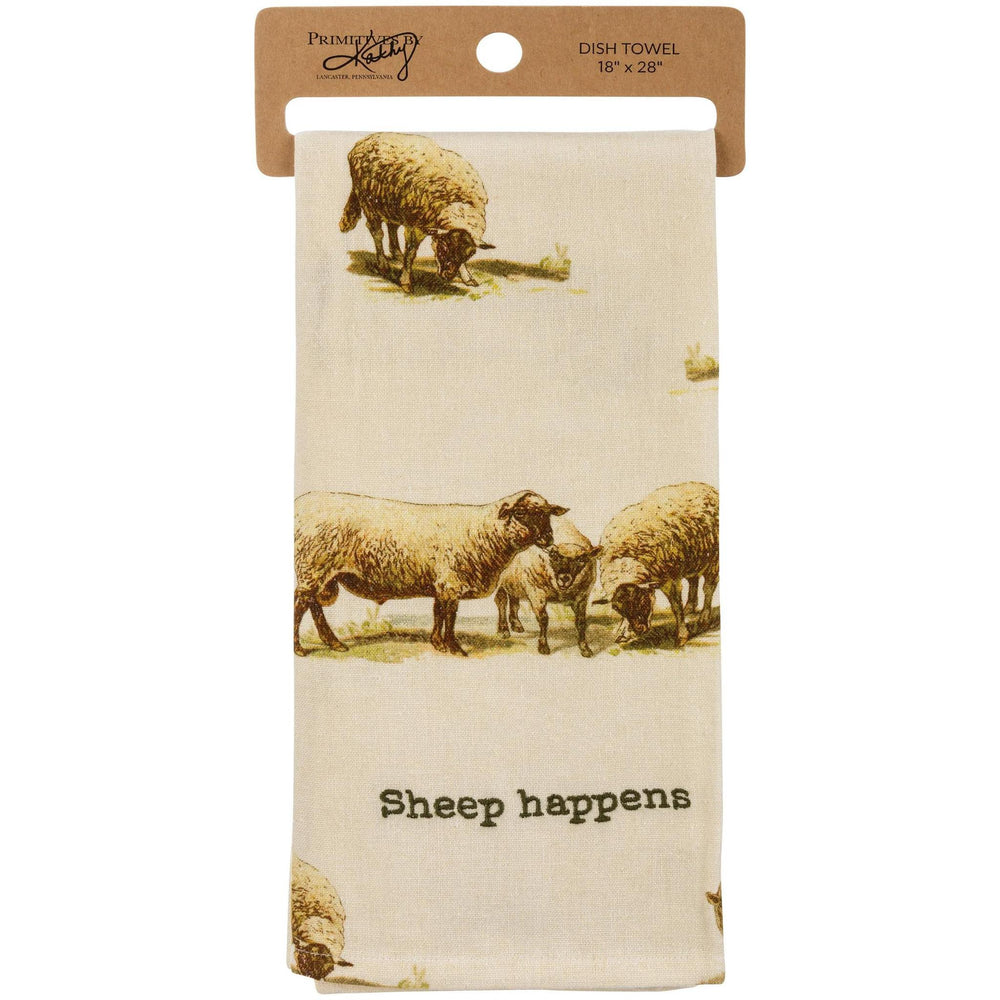Dish towel with sheep design and 'Sheep happens' text, branded 'Premier Linens'.
