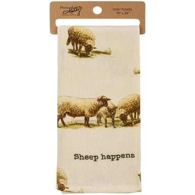 Dish towel with sheep design and 'Sheep happens' text, branded 'Premier Linens'.
