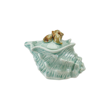 Shell Shaped Stoneware Jar Blue & Brown Coastal Decor