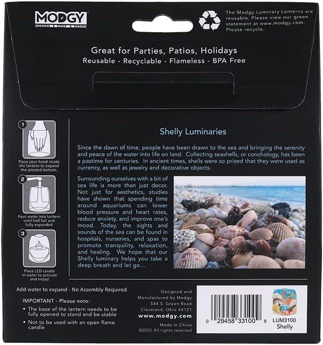 Back of a Shelly Luminaries packaging with text and images on a black background
