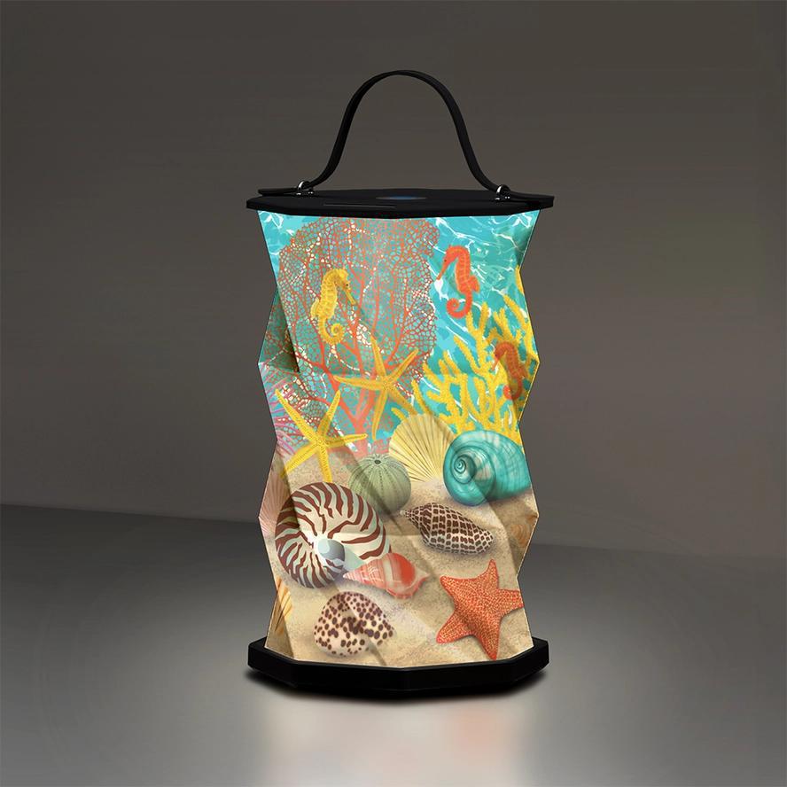 Decorative lantern with ocean-themed design featuring shells and corals on a gray background