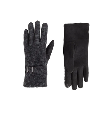 A pair of black winter gloves shown flat against a light gray background, with one glove displaying a textured fuzzy cuff and strap with a silver buckle, and the other showing a smooth black leather-like back.
