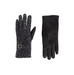 A pair of black winter gloves shown flat against a light gray background, with one glove displaying a textured fuzzy cuff and strap with a silver buckle, and the other showing a smooth black leather-like back.