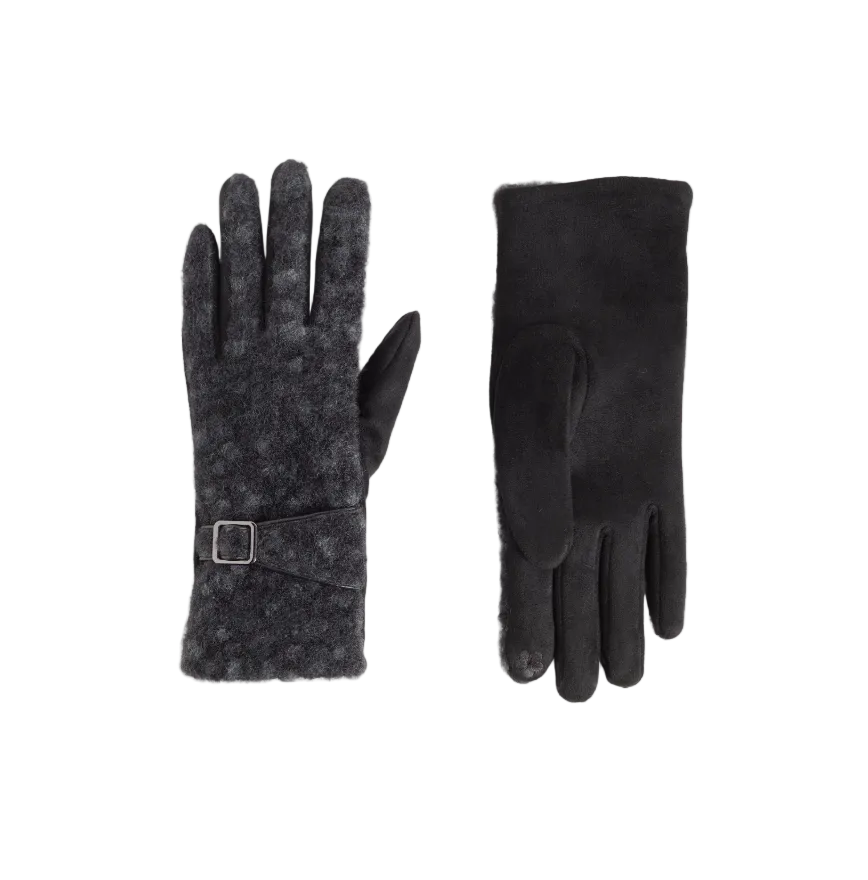 A pair of black winter gloves shown flat against a light gray background, with one glove displaying a textured fuzzy cuff and strap with a silver buckle, and the other showing a smooth black leather-like back.