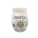 Decorative jar with nautical design and 'Coastal Travels' text on a white background