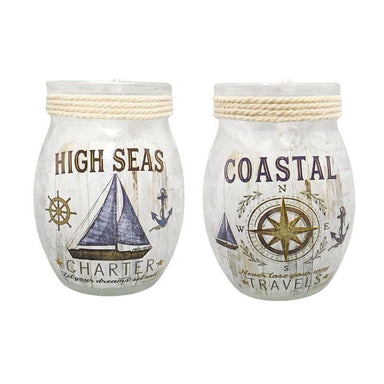 Two decorative jars with nautical-themed designs and text on a white background.
