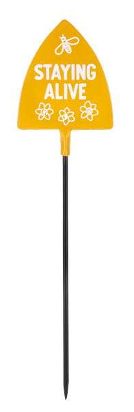 Yellow metal detector head with 'STAYING ALIVE' text on a white background