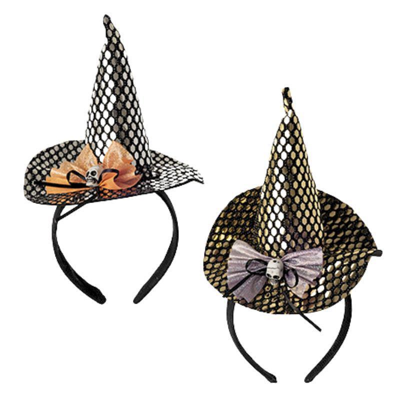 Two witch hats with decorative bows on black headbands against a white background