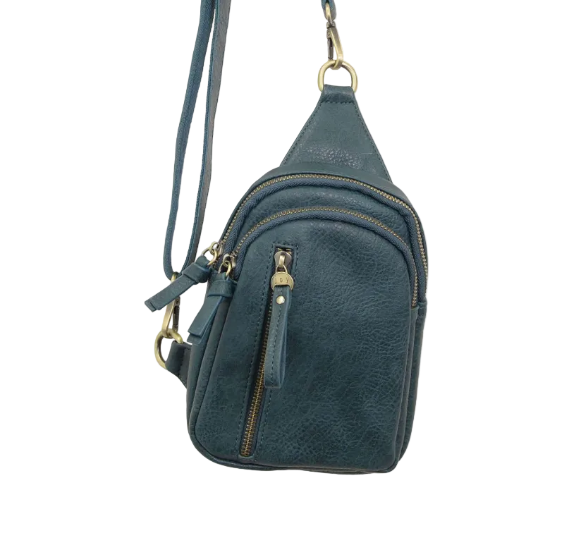 A dark teal blue pebbled leather crossbody bag with gold-tone hardware, shown against a plain white background.