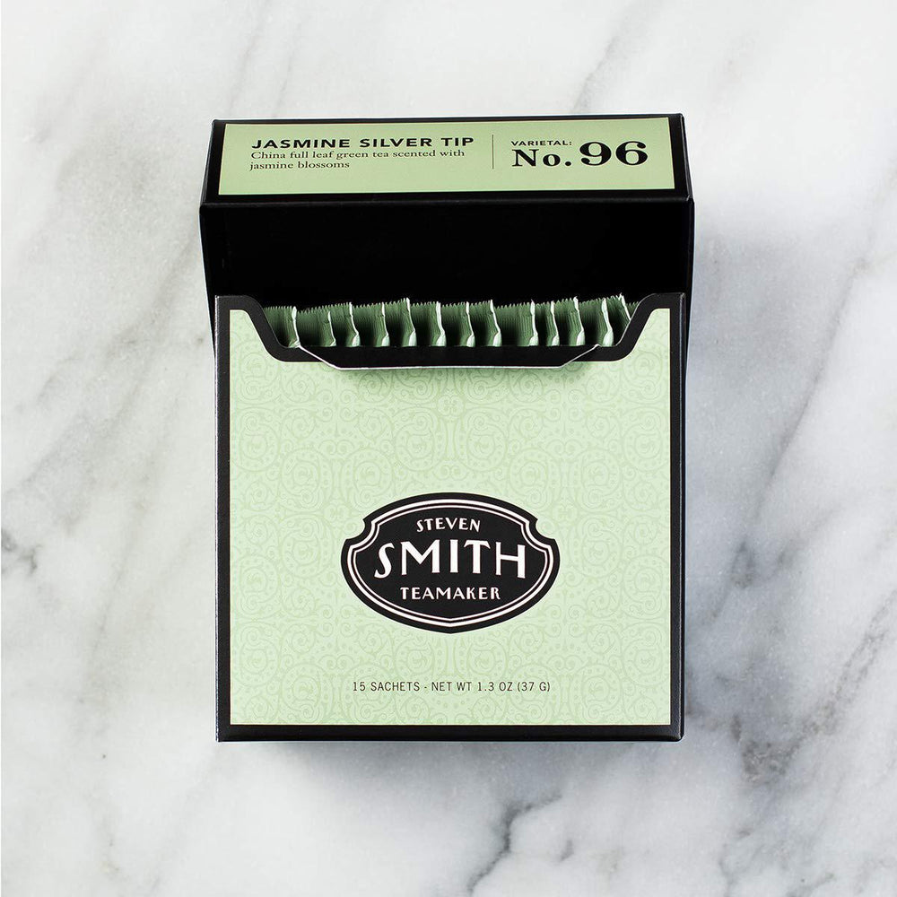 Box of Steven Smith Teamaker tea on a marble surface