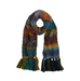 A multicolor chunky knit scarf with tassels, featuring a gradient of orange, yellow, blue, green, and purple yarns, displayed on a light gray background.