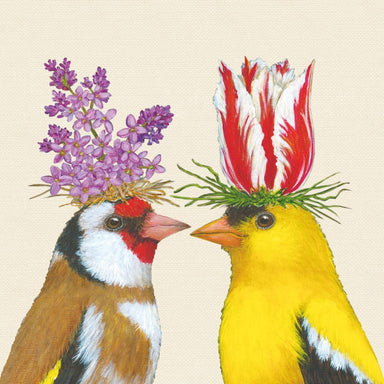 Two birds with floral headpieces on a beige background
