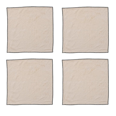 Four beige napkins with black borders on a white background