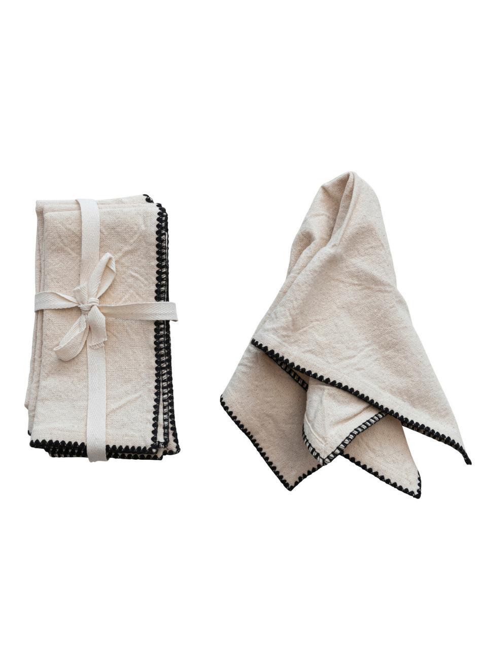 Square Cotton Napkins with Stitched Edge – Natural & Black, Set of 4