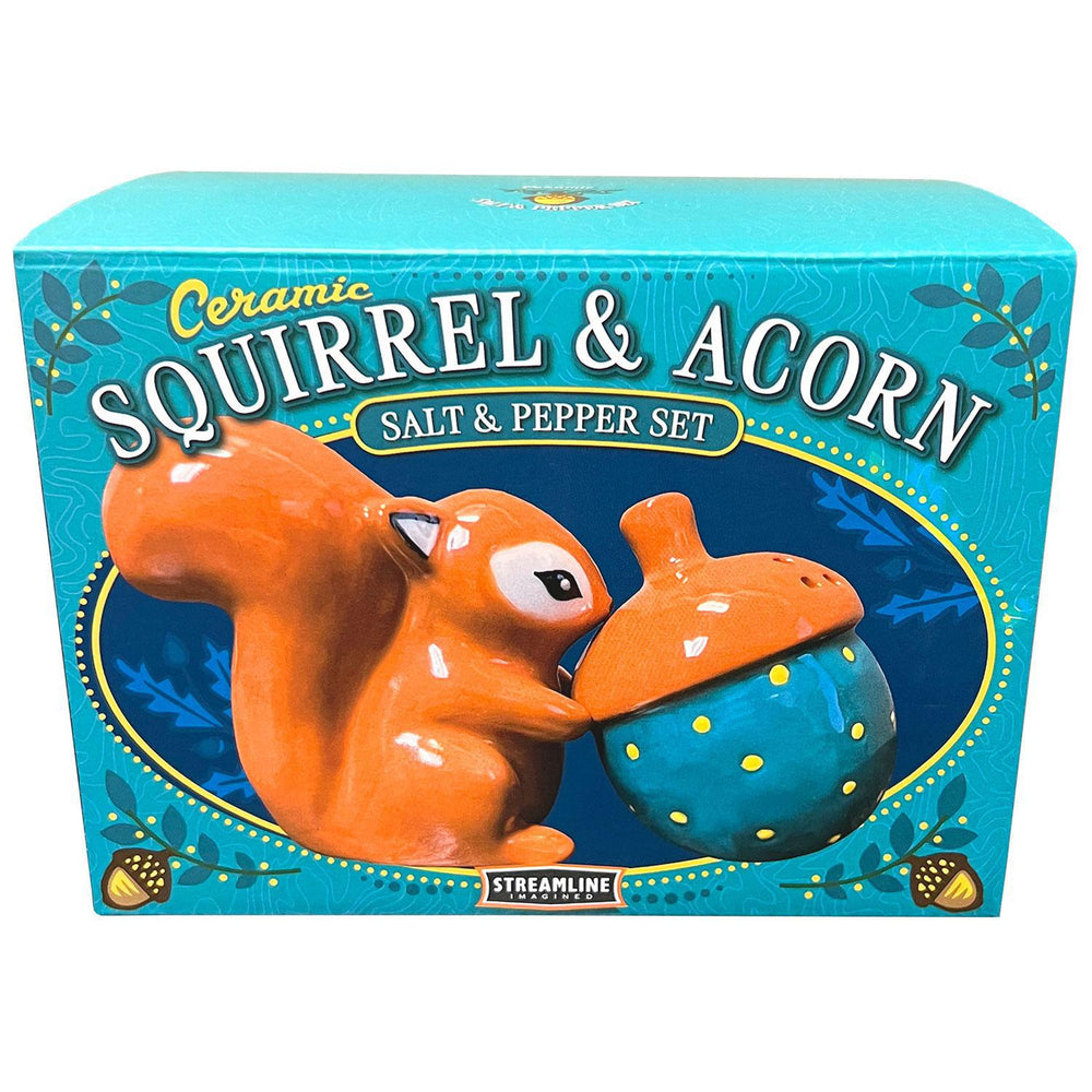 Ceramic squirrel and acorn salt and pepper set packaging on a blue background