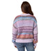 A woman viewed from behind wearing a fuzzy knit sweater with horizontal multicolor stripes in lavender, pink, blue, and brown, paired with blue jeans against a plain white background.