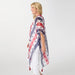 Woman wearing a red, white, and blue patterned kimono against a white background