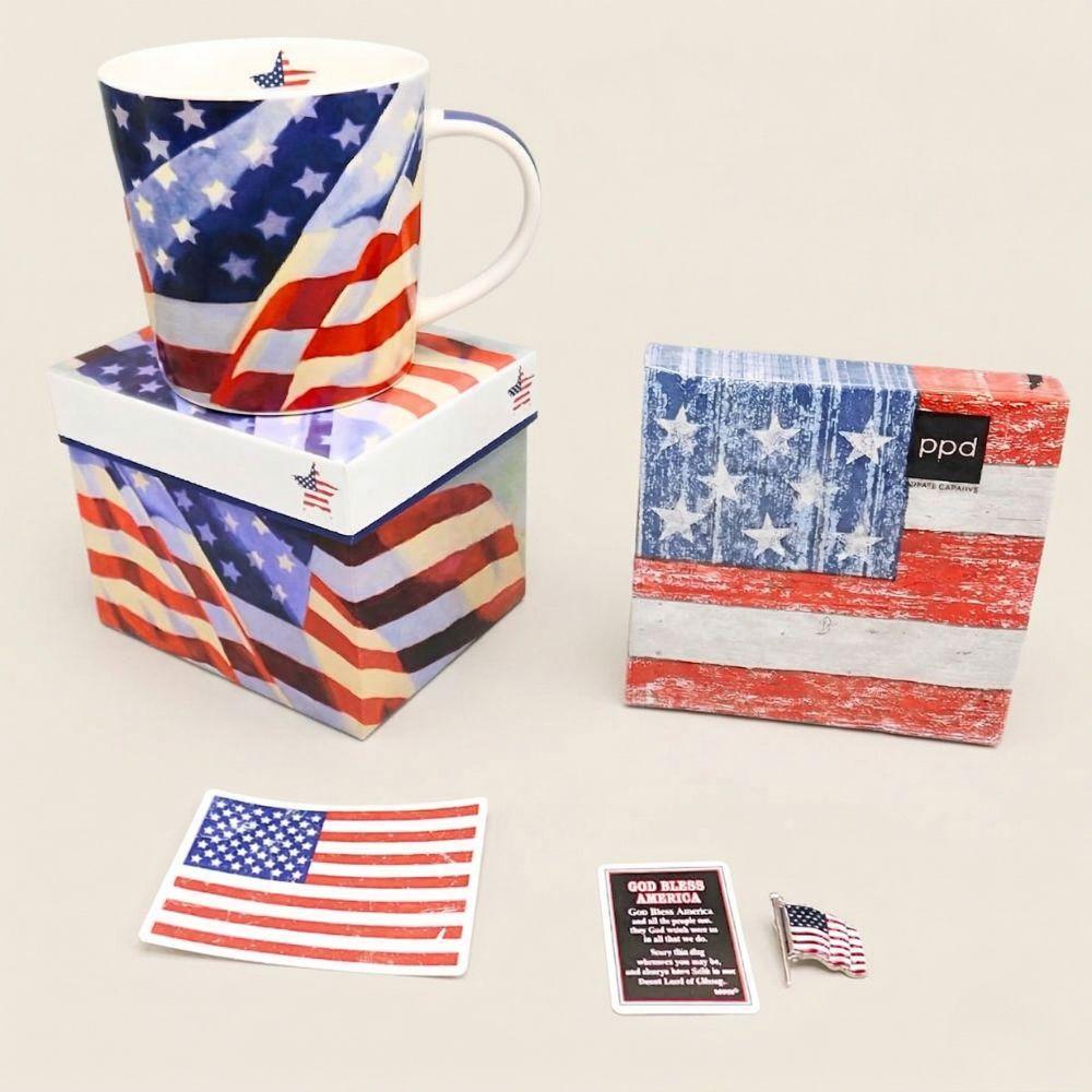 American flag-themed mug, napkins, and small items on a beige background