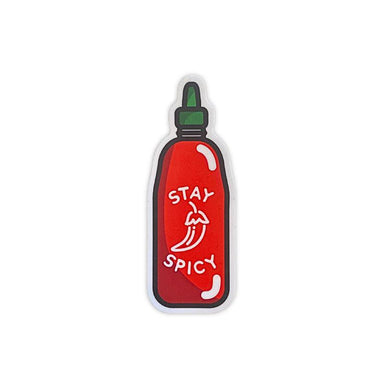 Red hot sauce bottle with 'Stay Spicy' text on a white background