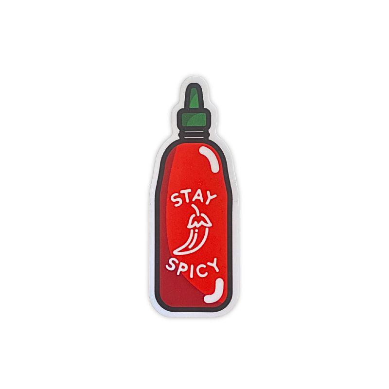 Red hot sauce bottle with 'Stay Spicy' text on a white background