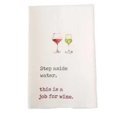 Towel with wine glass illustrations and humorous text on a white background, Step Aside Water Wine Hand Towel – Funny Wino Gift
