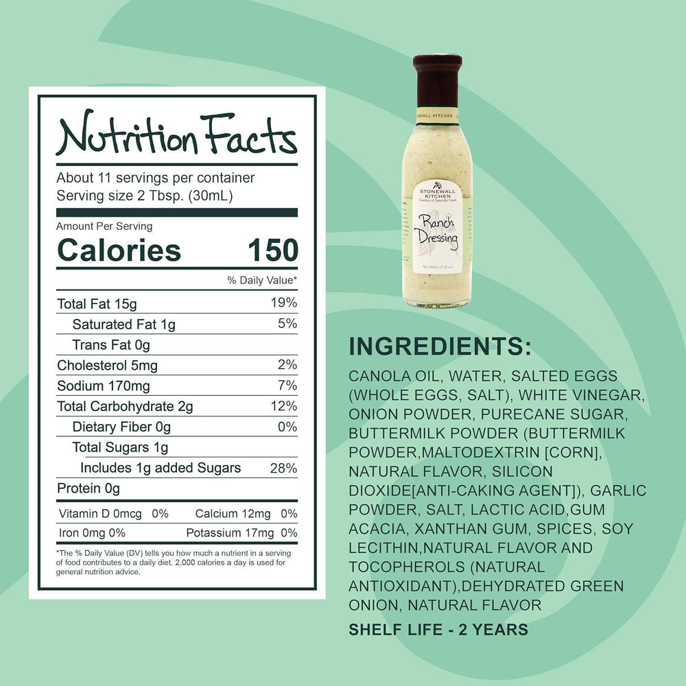Nutrition facts label and ingredients list for a product with a bottle of the product on a green background.