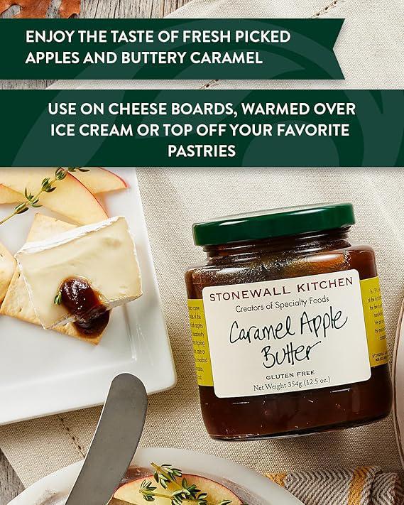 Jar of Stonewall Kitchen Caramel Apple Butter with a plate of food and text about its uses.