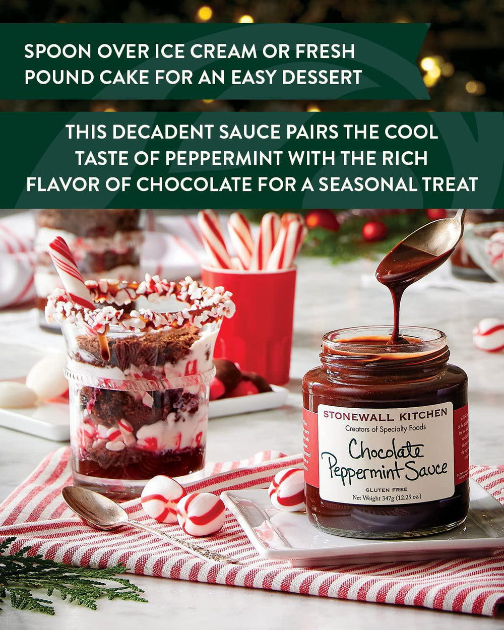 Stonewall Kitchen Chocolate Peppermint Sauce with dessert glasses and candy canes on a festive background