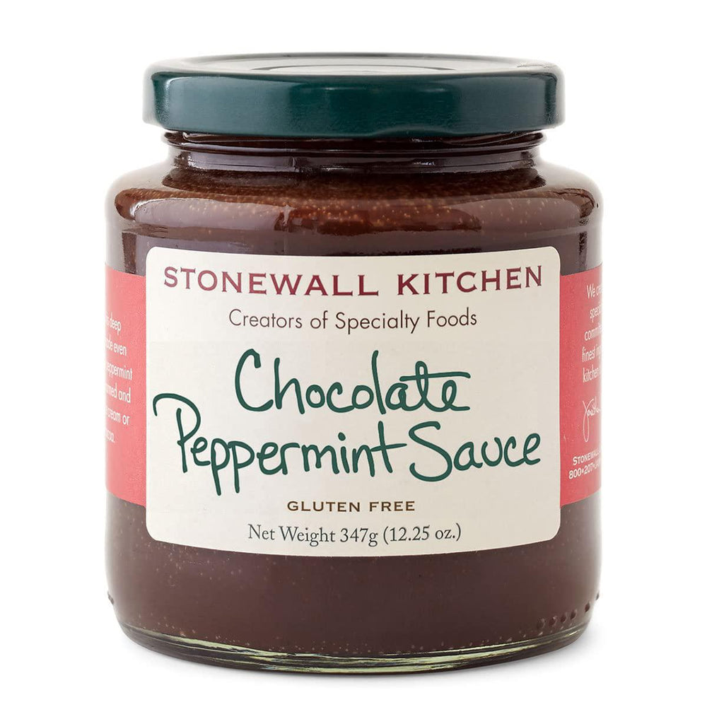 Jar of Stonewall Kitchen Chocolate Peppermint Sauce on a white background