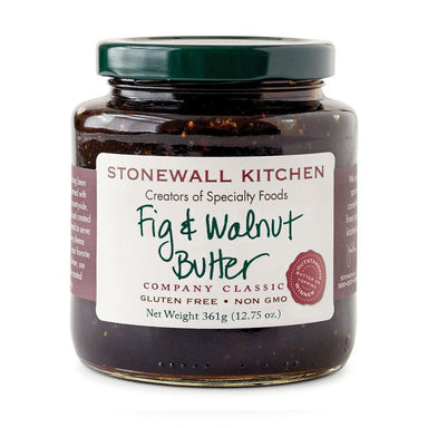 Jar of Stonewall Kitchen Fig & Walnut Butter on a white background