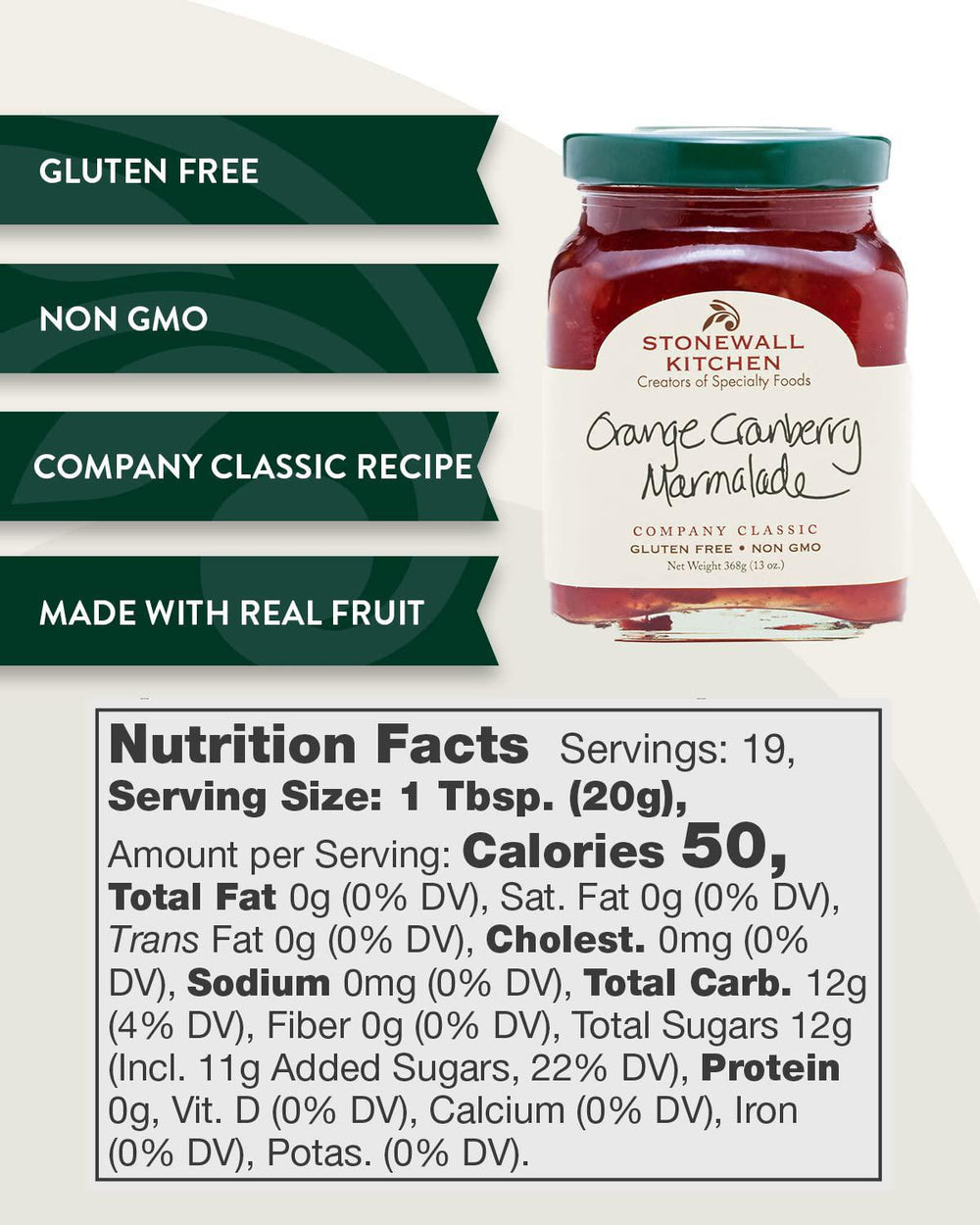 Stonewall Kitchen orange cranberry marmalade jar with nutritional information on a white background
