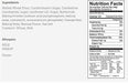 Nutrition facts label and ingredients list on a white background