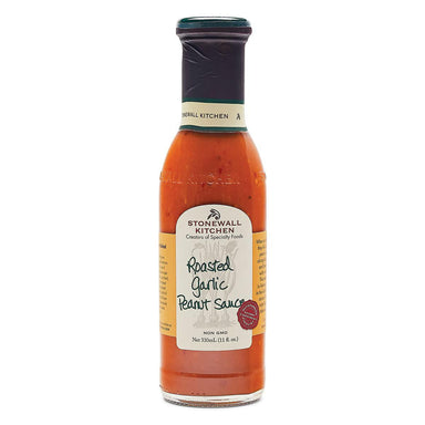 Bottle of Stonewall Kitchen Roasted Garlic Peanut Sauce on a white background