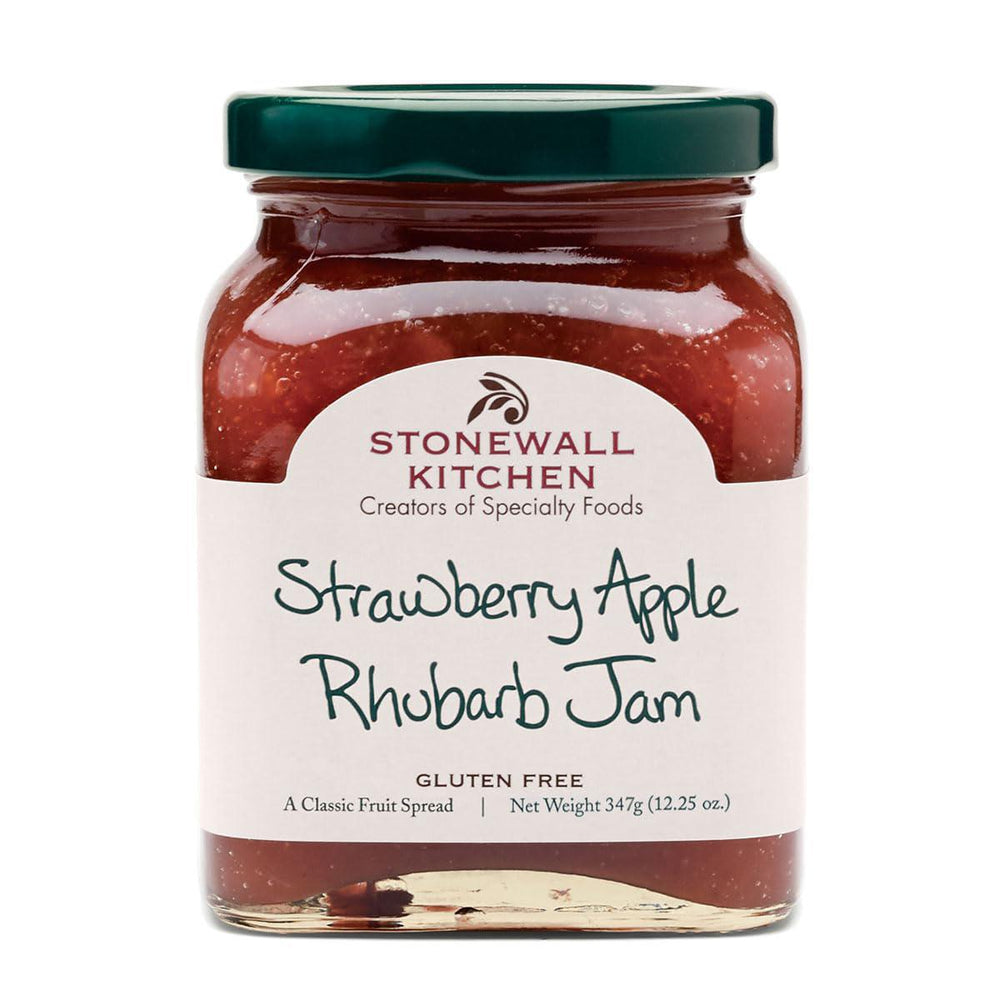 Jar of Stonewall Kitchen Strawberry Apple Rhubarb Jam on a white background