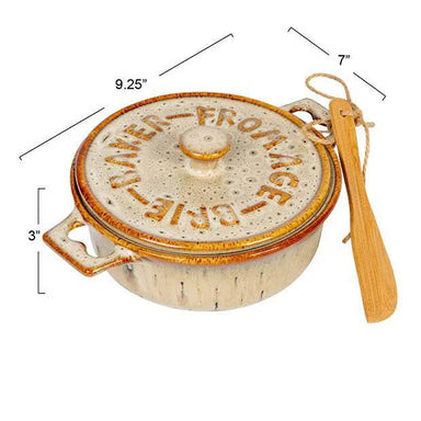 Stoneware Brie Baker with Bamboo Spreader showing its dimentions 3" x 9.25" x 7" in